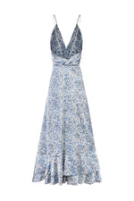 Shiraz Ruffle Dress - Printed Silk Blue Dresses - Midi Rosewater House