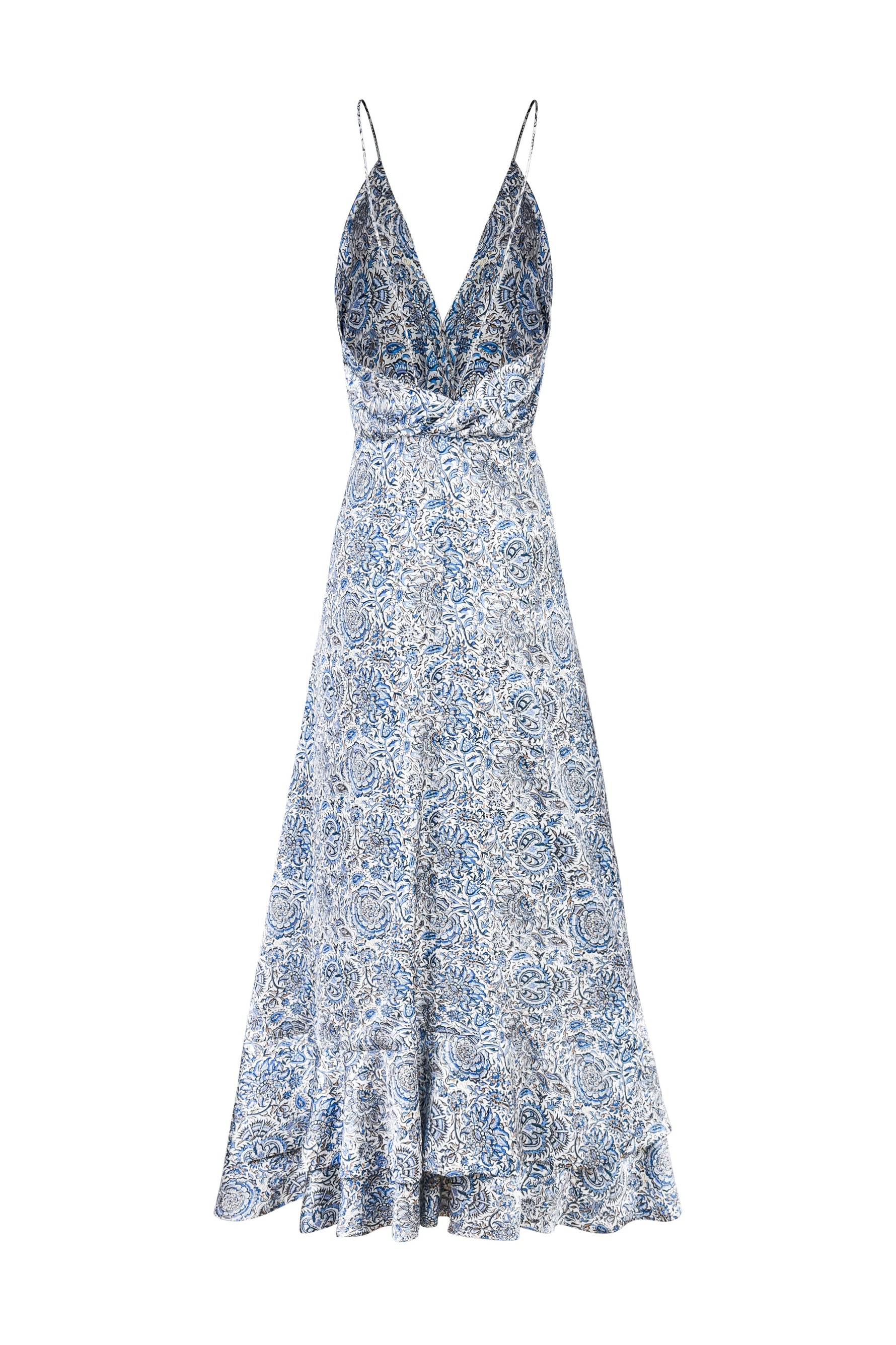 Shiraz Ruffle Dress - Printed Silk Blue Dresses - Midi Rosewater House