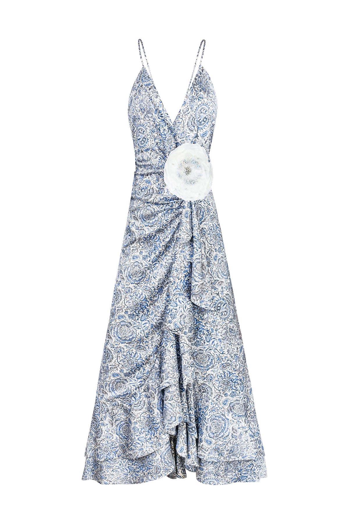 Shiraz Ruffle Dress - Printed Silk Blue Dresses - Midi Rosewater House