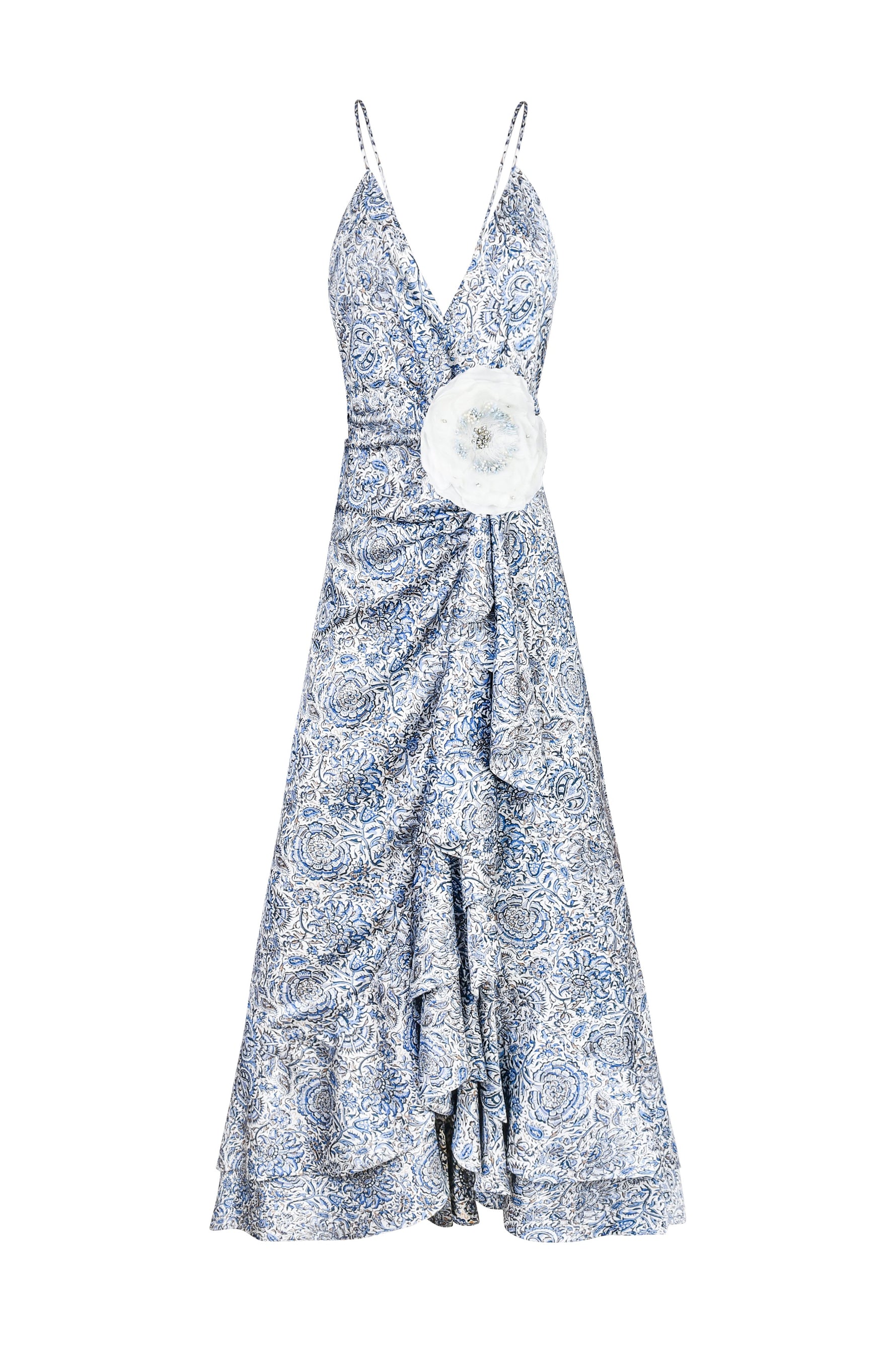 Shiraz Ruffle Dress - Printed Silk Blue Dresses - Midi Rosewater House
