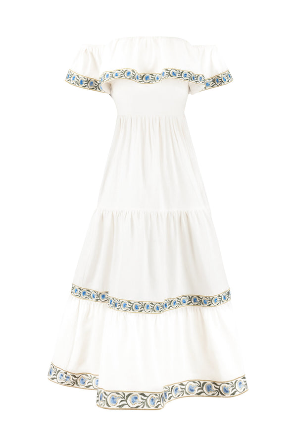 Carnation Ruffle Dress - Off White & Blue Bottoms - Skirts Rosewater House 