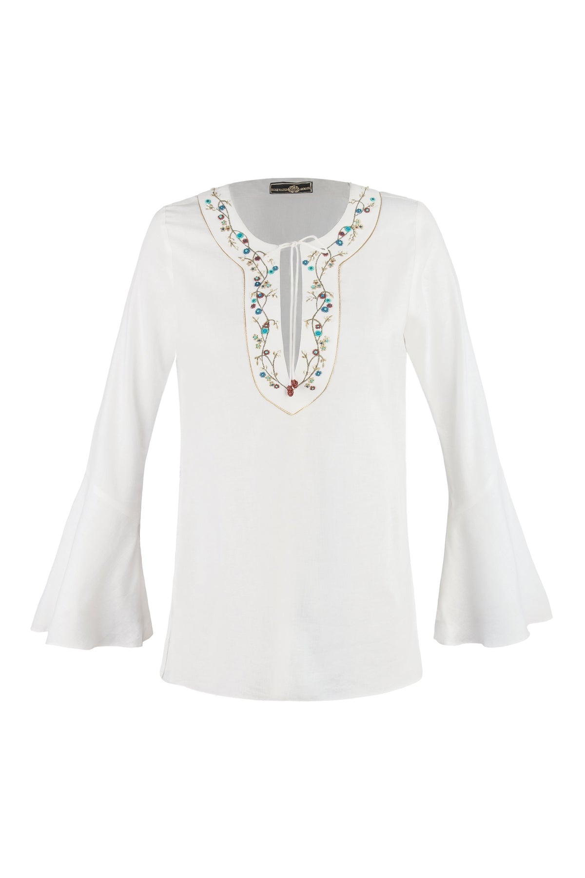 Gina Blouse - Embroidered Neckline Linen Offwhite Tops - Blouse Rosewater House 