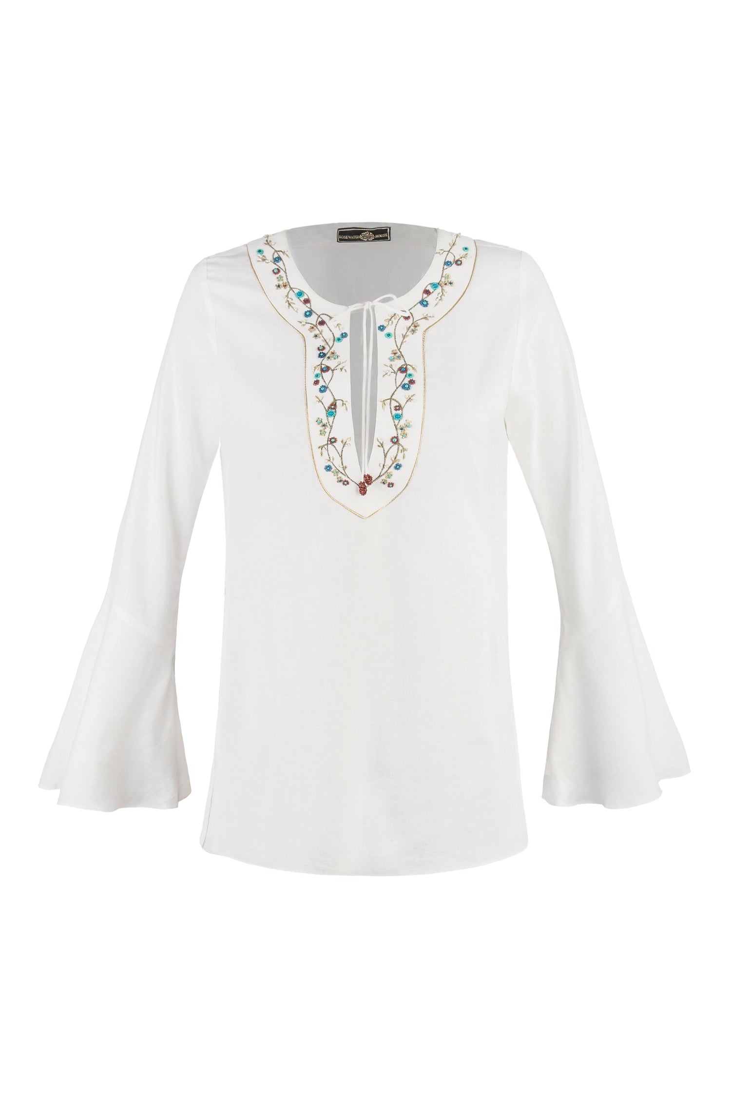 Gina Blouse - Embroidered Neckline Linen Offwhite Tops - Blouse Rosewater House 