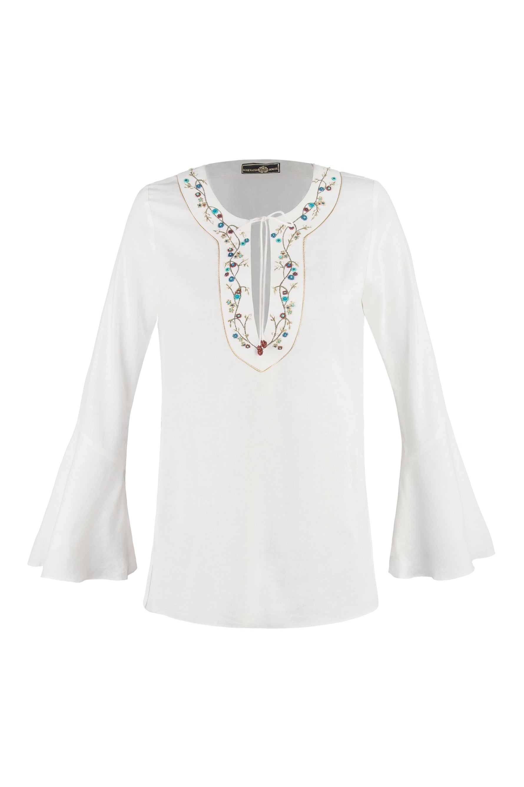 Gina Blouse - Embroidered Neckline Linen Offwhite Tops - Blouse Rosewater House 