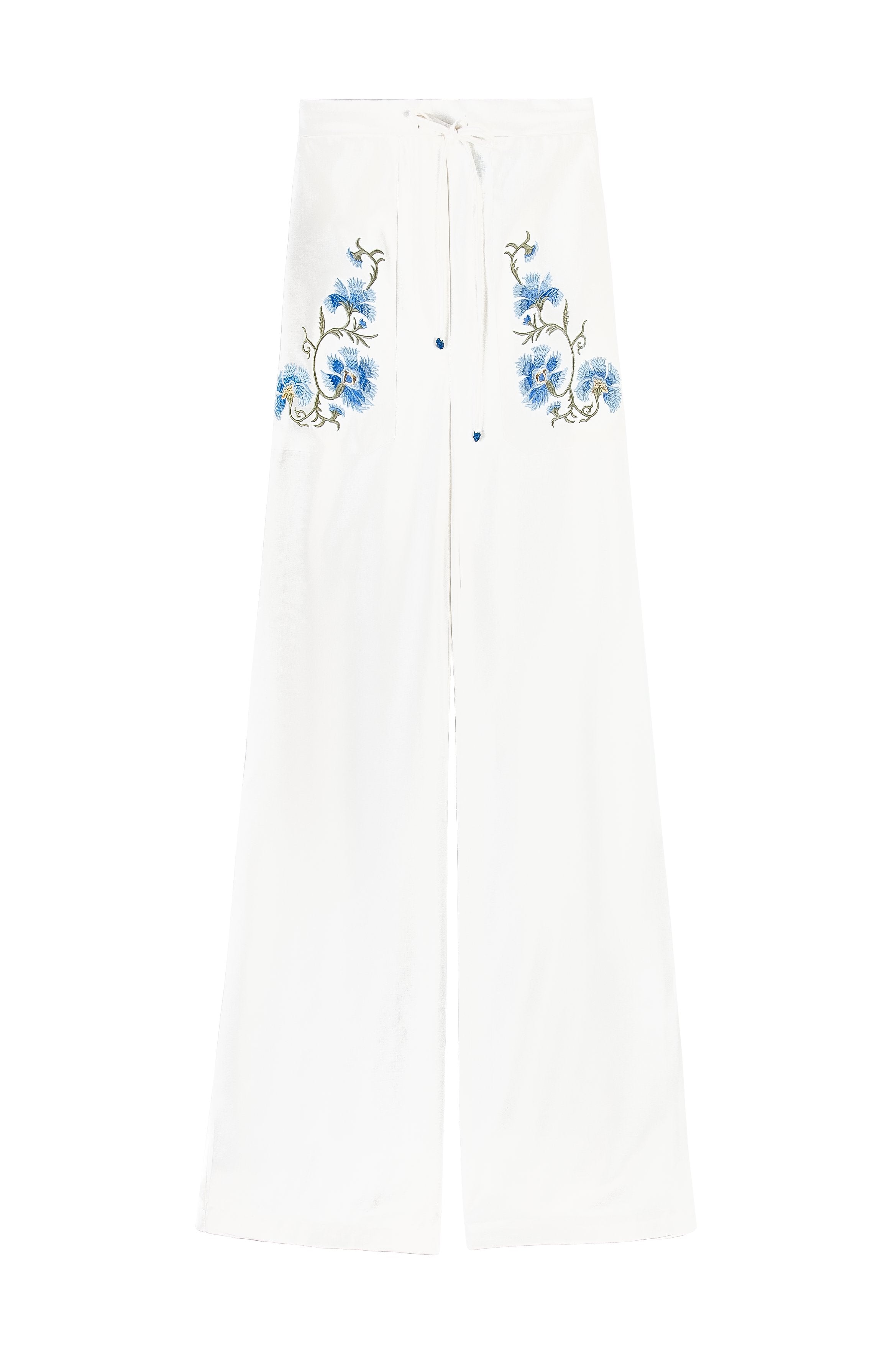 Lola Pants - Lola Embroidered Offwhite & Blue Rosewater House
