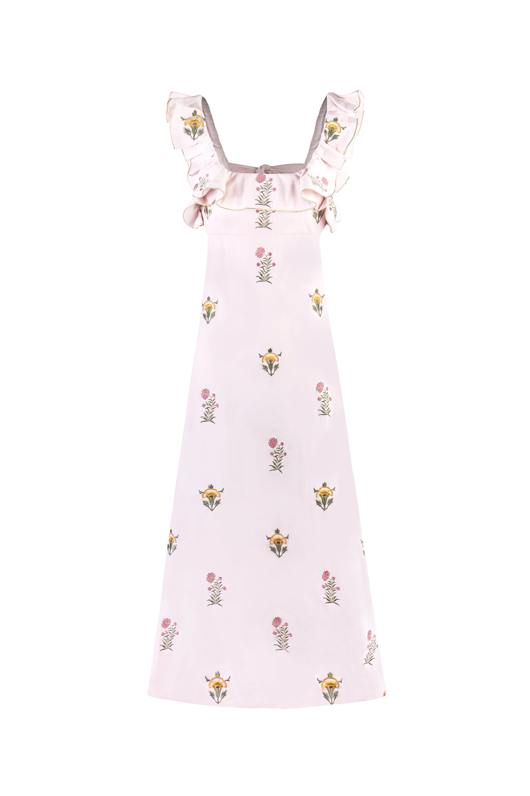 Malika Dress - Fiona Embroidery Pink & Yellow & Pink Dresses - Midi Rosewater House