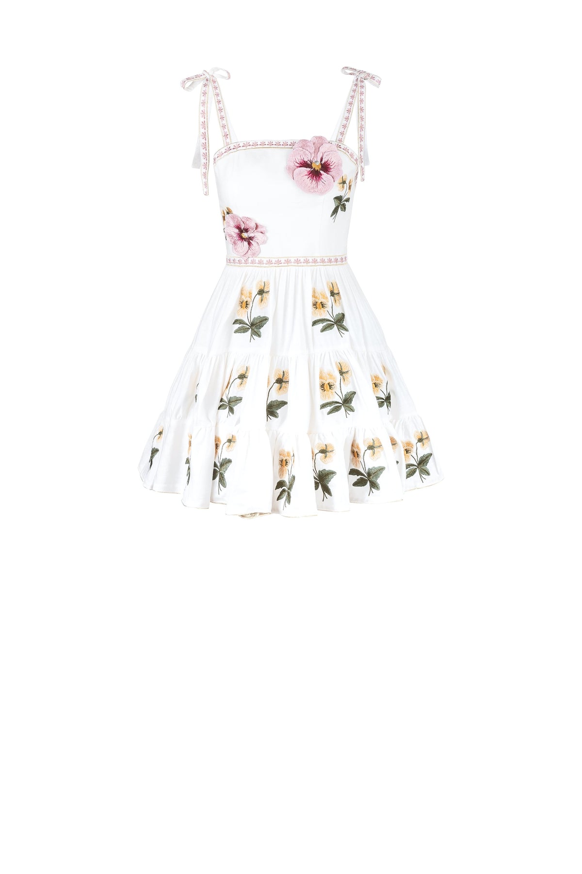 Tara Mini Dress - Pansy Embroidered Offwhite & Yellow Dresses - Formal Rosewater House