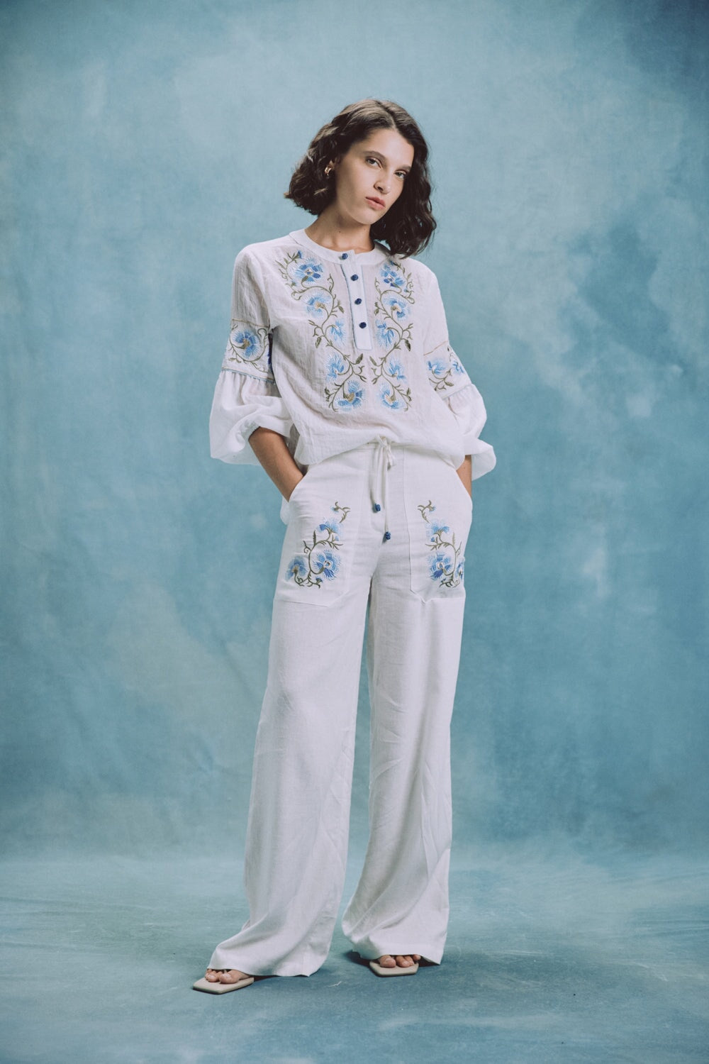 Lola Pants - Lola Embroidered Offwhite & Blue Rosewater House