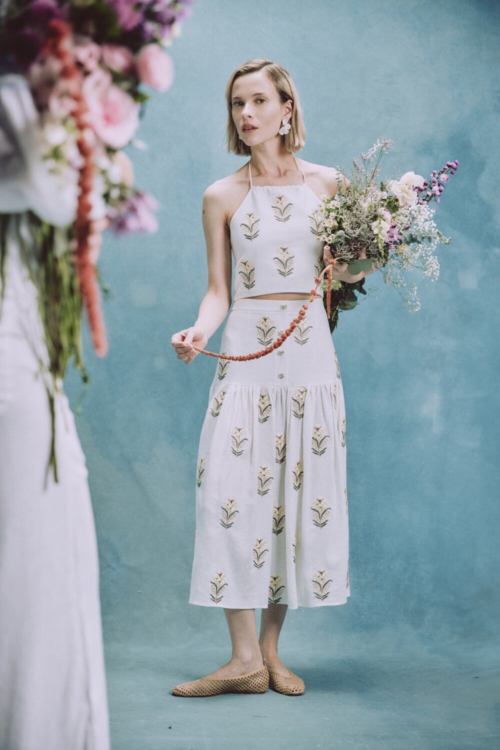 Gilda skirt - Lilium Embroidered Offwhite & Yellow Bottoms - Skirts Rosewater House