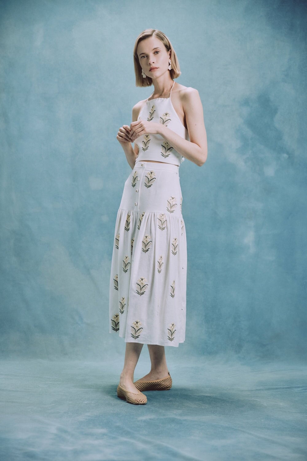 Gilda skirt - Lilium Embroidered Offwhite & Yellow Bottoms - Skirts Rosewater House