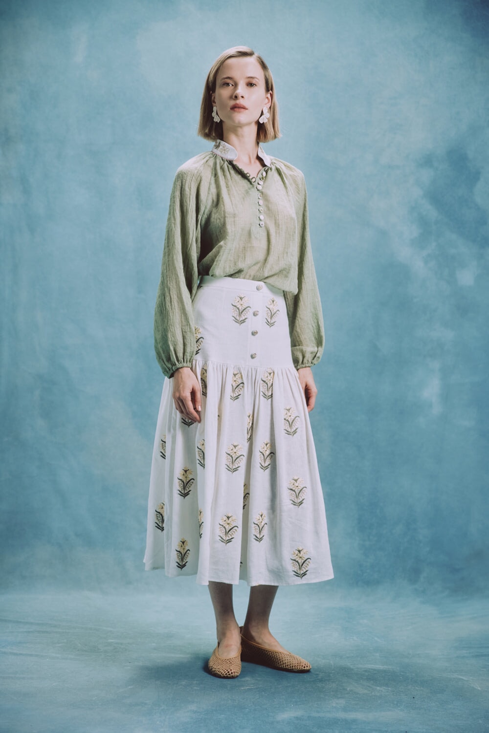Gilda skirt - Lilium Embroidered Offwhite & Yellow Bottoms - Skirts Rosewater House