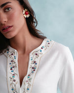 Gina Blouse - Emboridered Neckline Linen Offwhite Tops - Blouse Rosewater House