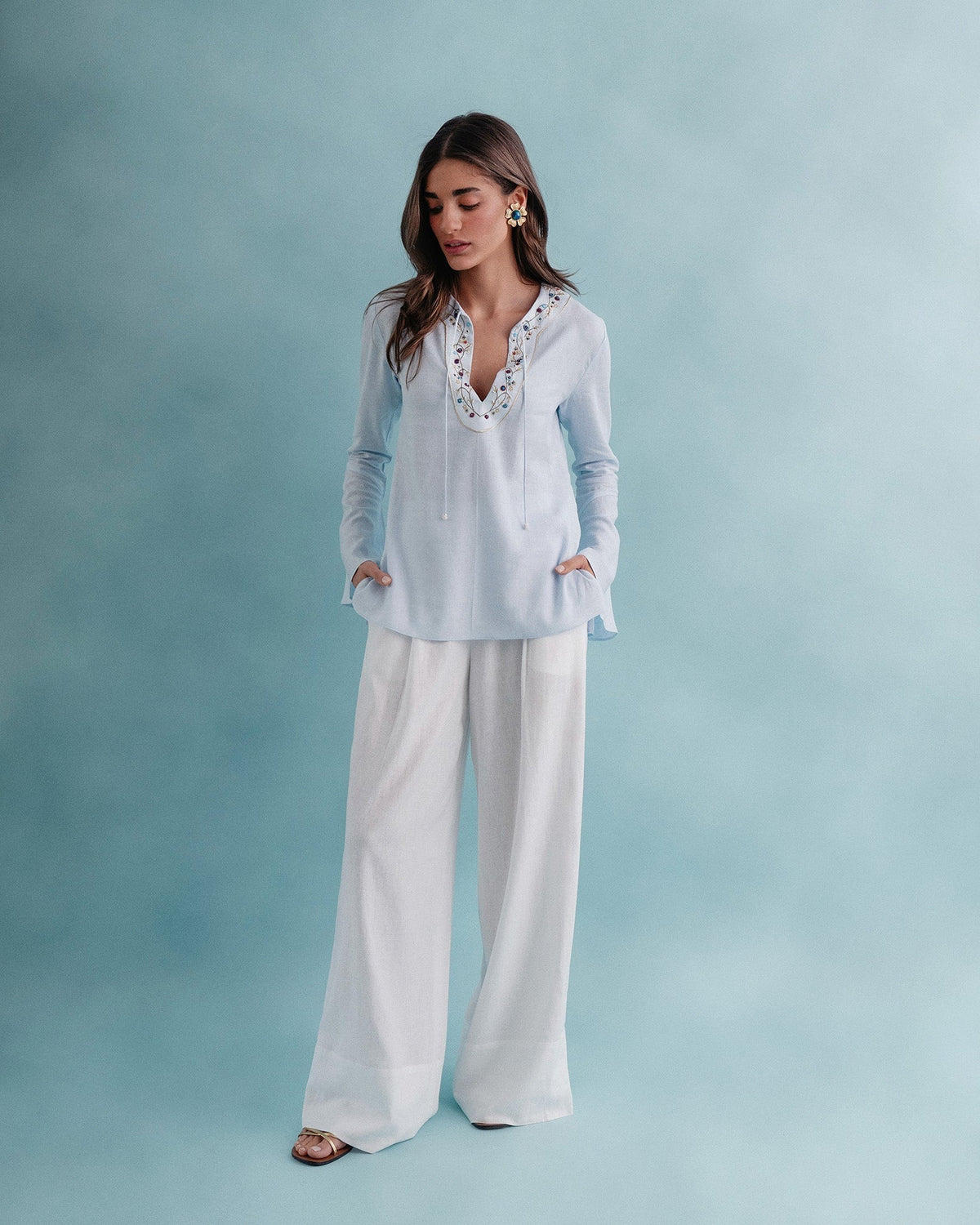 Gina Blouse - Embroidered Neckline Linen Baby Blue Tops - Blouse Rosewater House