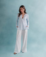 Gina Blouse - Embroidered Neckline Linen Baby Blue Tops - Blouse Rosewater House