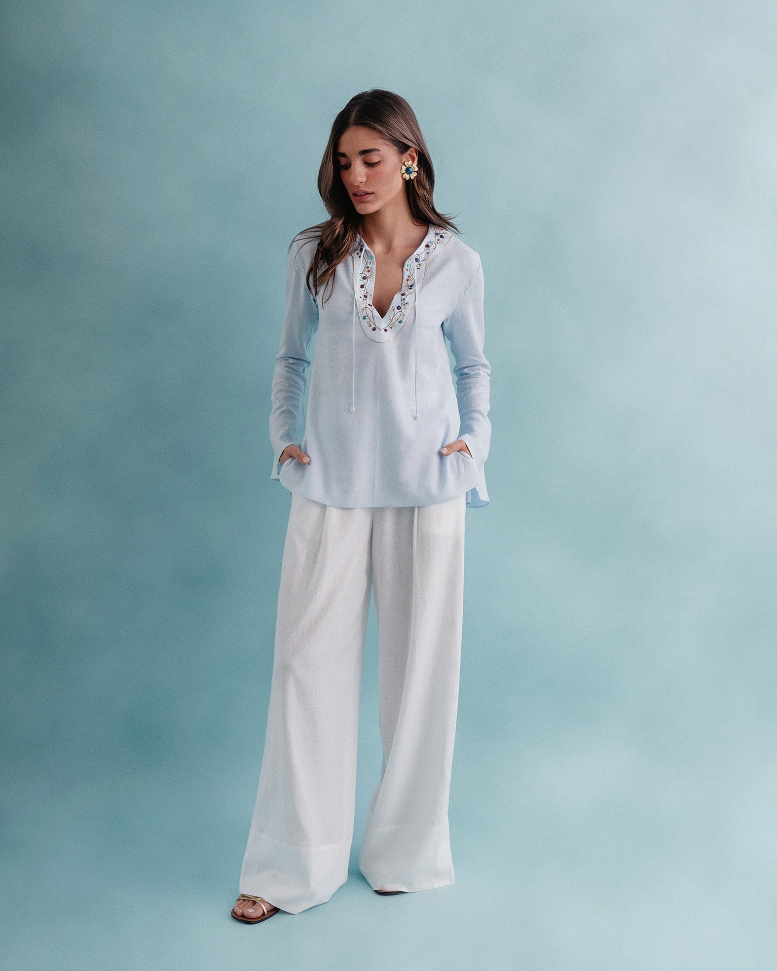 Gina Blouse - Embroidered Neckline Linen Baby Blue Tops - Blouse Rosewater House