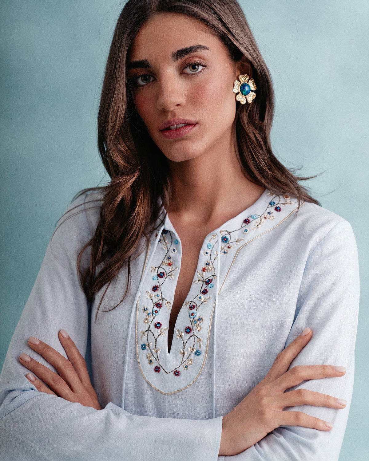 Gina Blouse - Embroidered Neckline Linen Baby Blue Tops - Blouse Rosewater House
