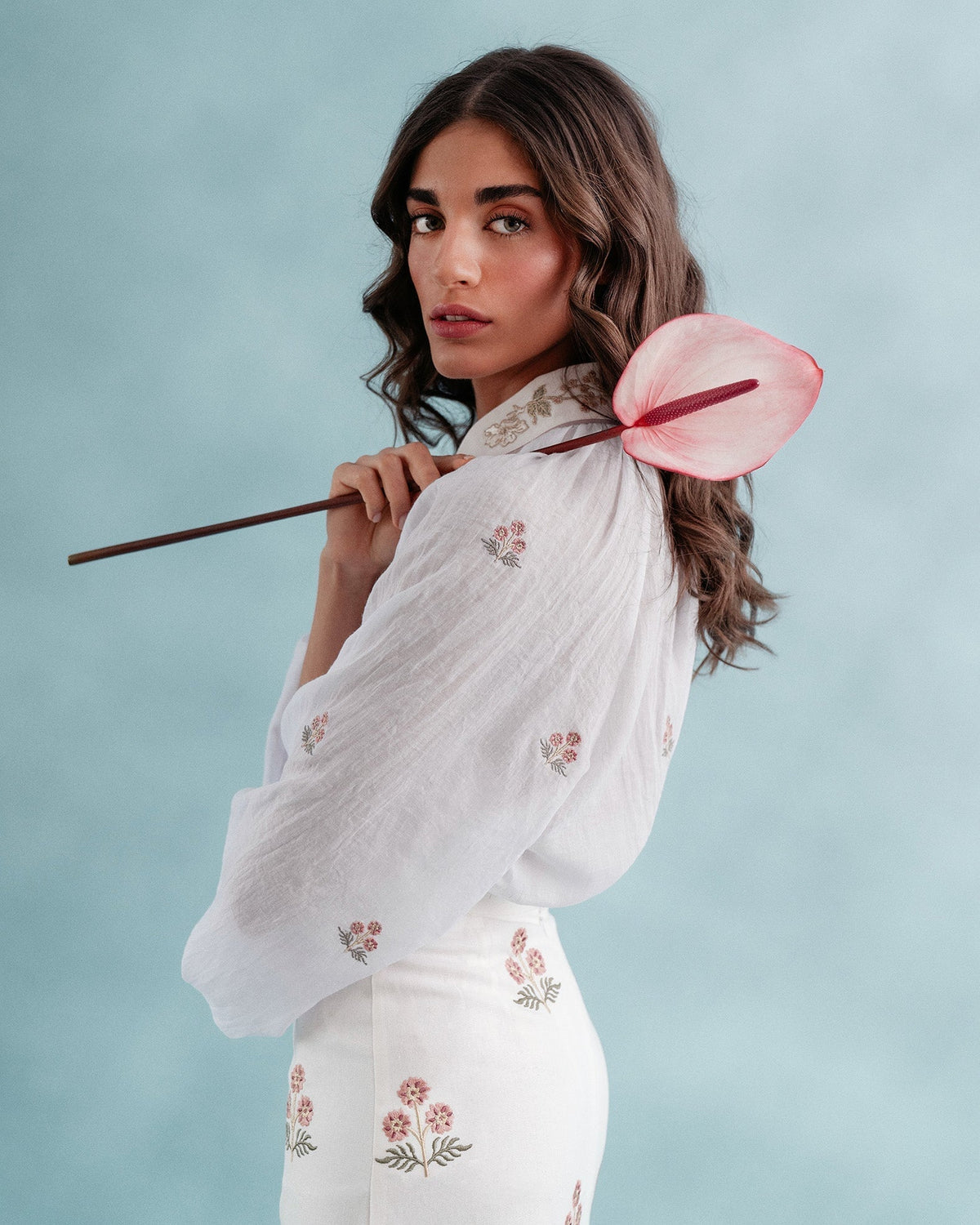 Yalda skirt - Naz Embroidered Offwhite & Pink Bottoms - Skirts Rosewater House