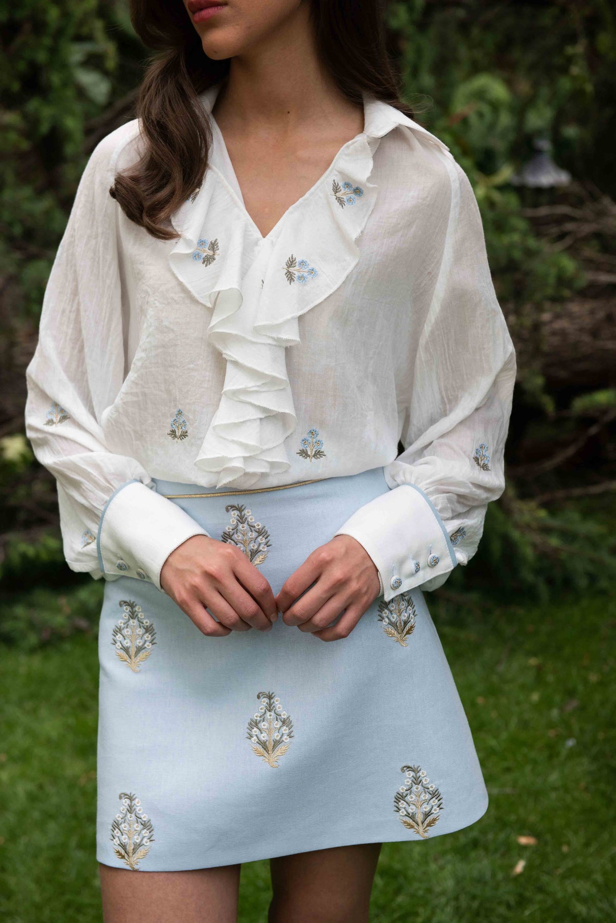 Naz Blouse - White & Blue Tops - Blouse Rosewater House