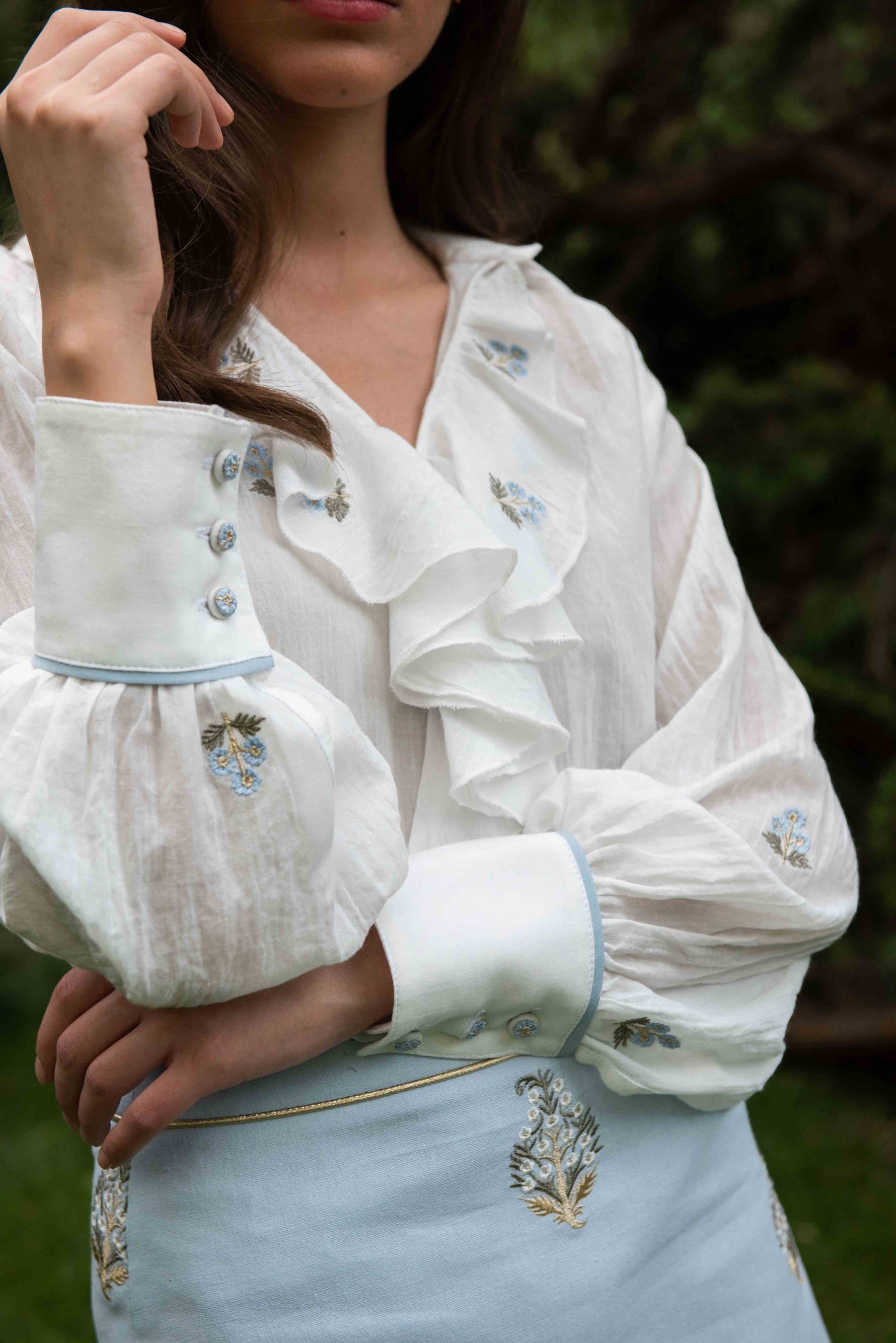 Naz Blouse - White & Blue Tops - Blouse Rosewater House