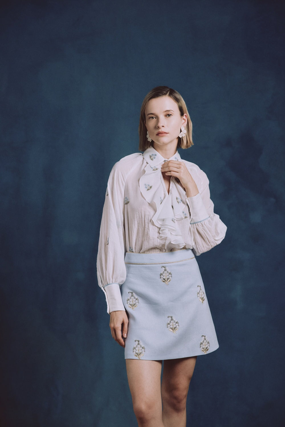 Naz Blouse - White & Blue Tops - Blouse Rosewater House