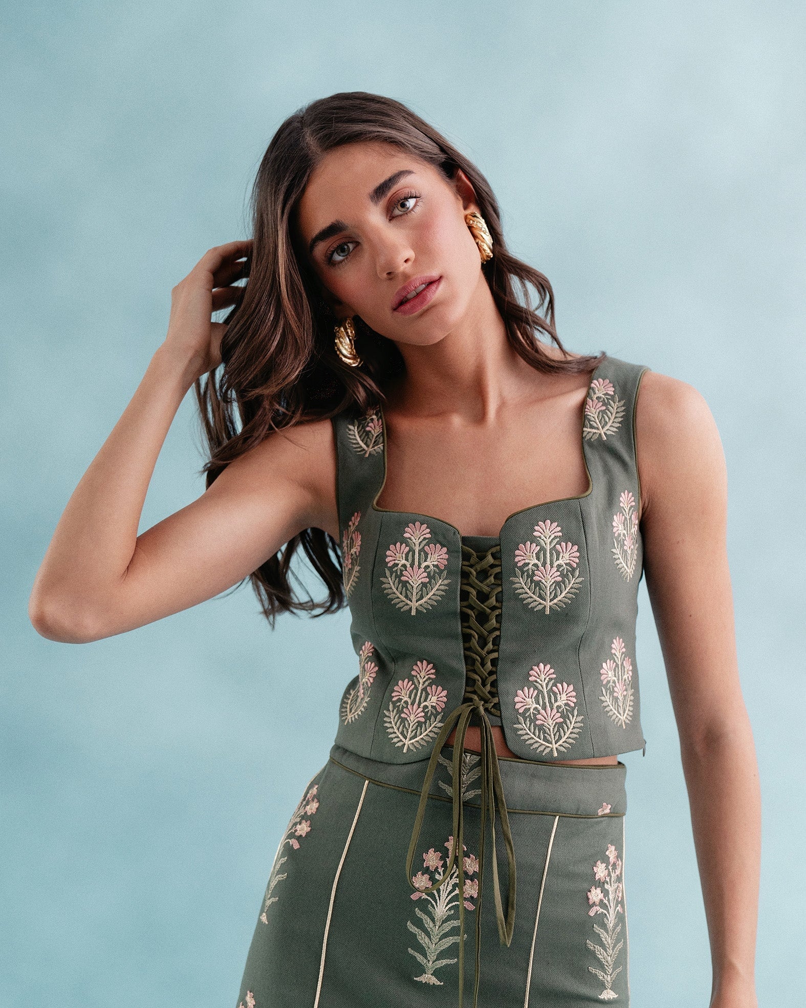 Shalimar Bustier - Shalimar Embroidered Green & Pink Tops - Bustier & Embroidered Rosewater House 