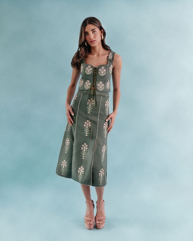 Shalimar Skirt - Shalimar Embroidered Green & Pink Bottoms - Skirts Rosewater House 