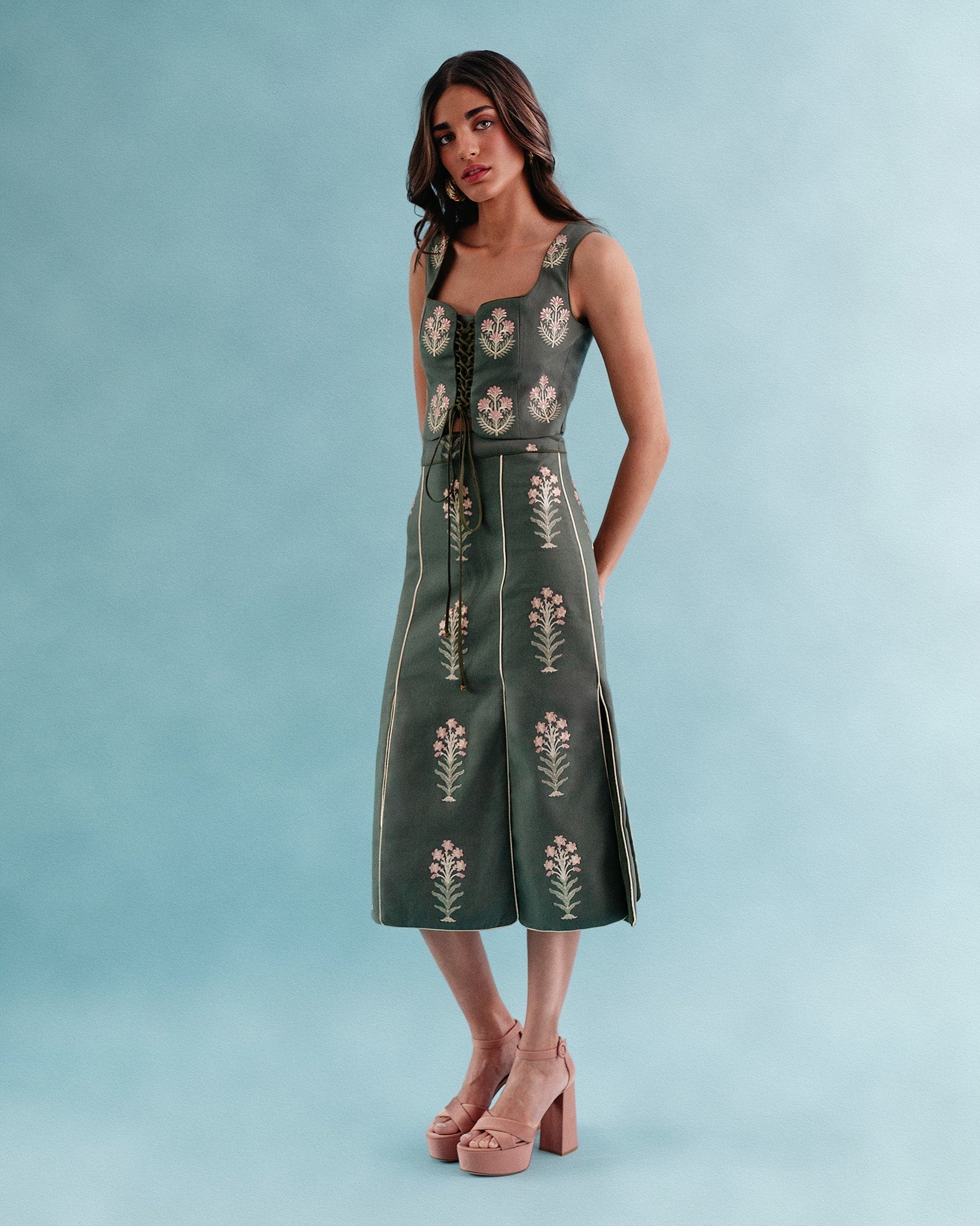 Shalimar Skirt - Shalimar Embroidered Green & Pink Bottoms - Skirts Rosewater House