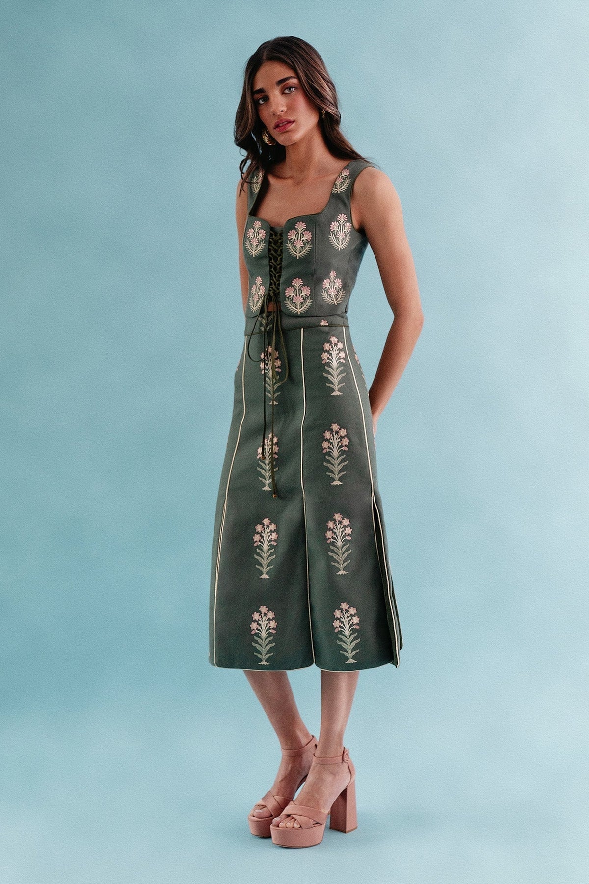 Shalimar Bustier - Shalimar Embroidered Green & Pink Tops - Bustier & Embroidered Rosewater House