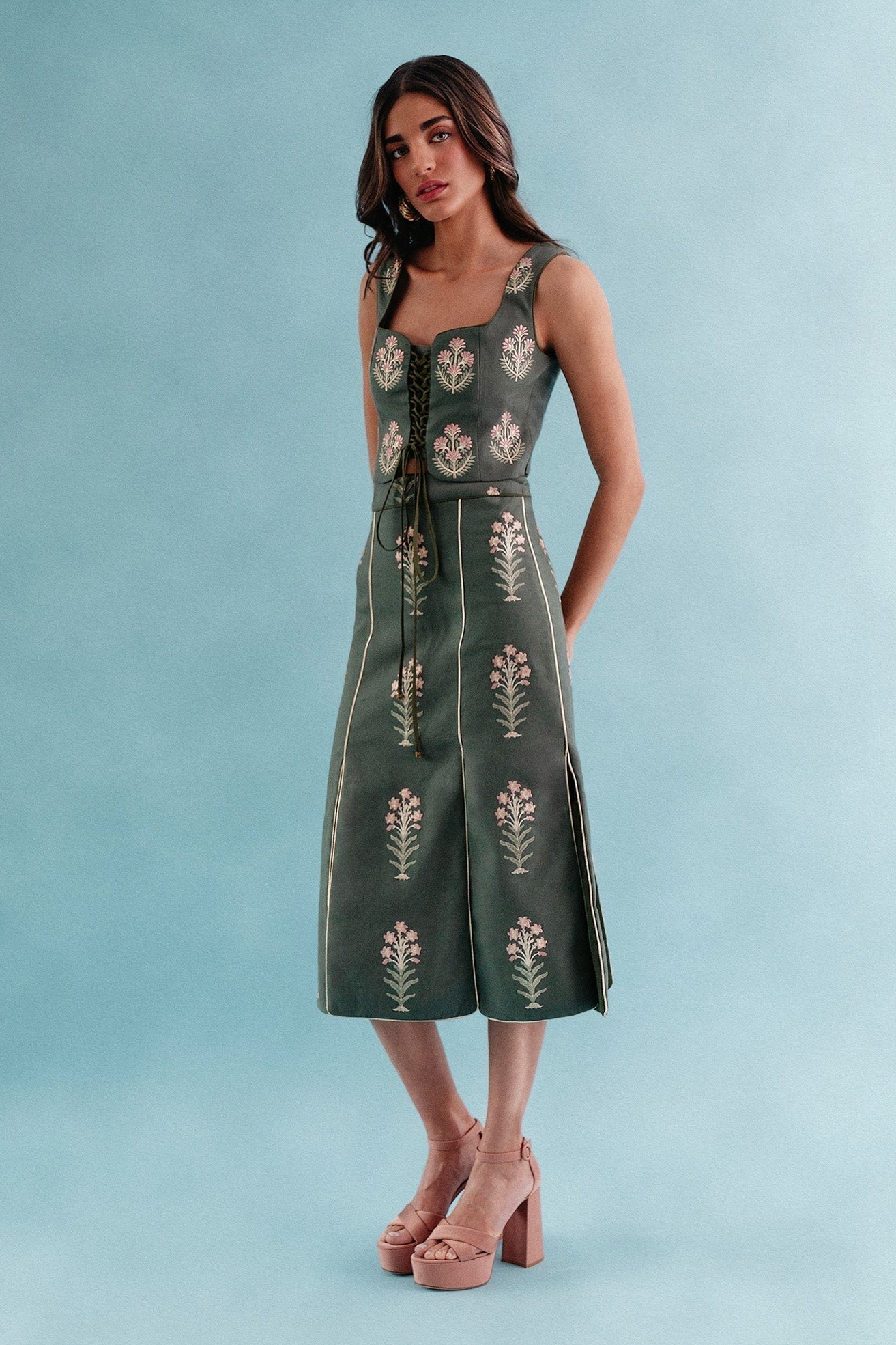 Shalimar Bustier - Shalimar Embroidered Green & Pink Tops - Bustier & Embroidered Rosewater House 