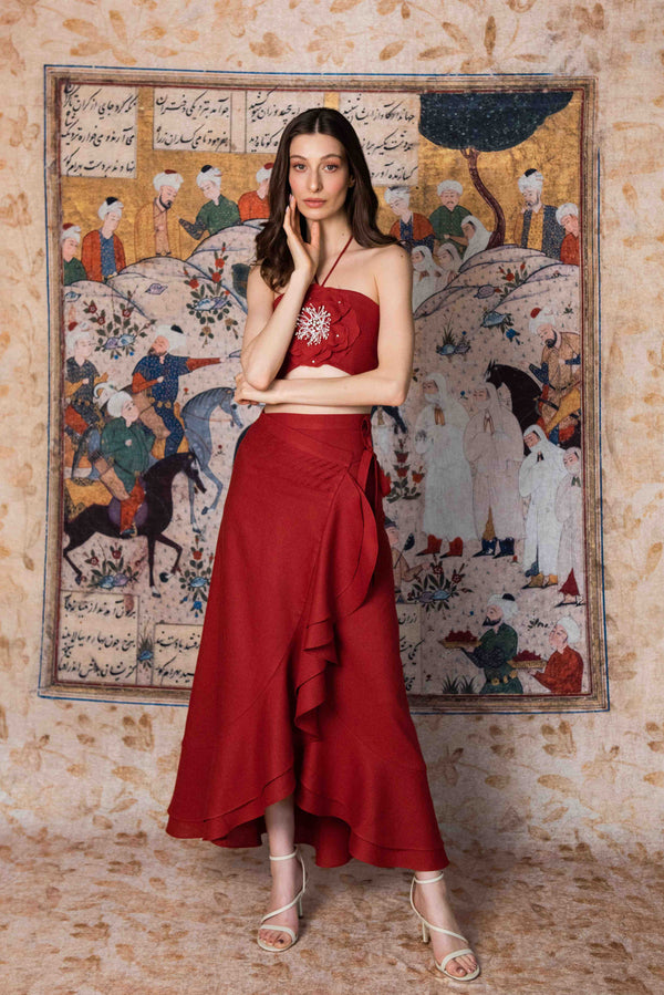 Gol Crop Top - Deep Red Bottoms - Skirts Rosewater House 