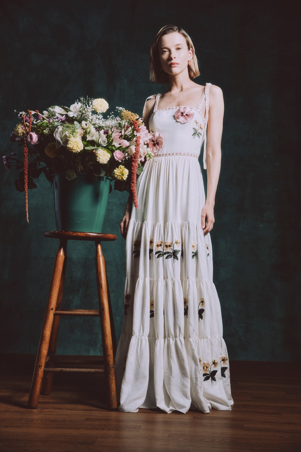 Tara Maxi Dress - Pansy Embroidered Offwhite & Yellow Dresses - Formal Rosewater House