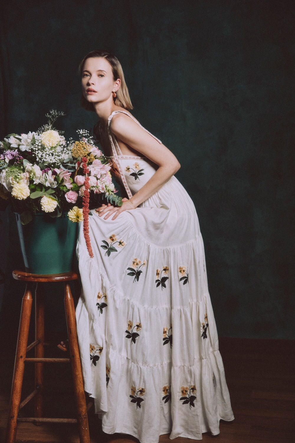 Tara Maxi Dress - Pansy Embroidered Offwhite & Yellow Dresses - Formal Rosewater House