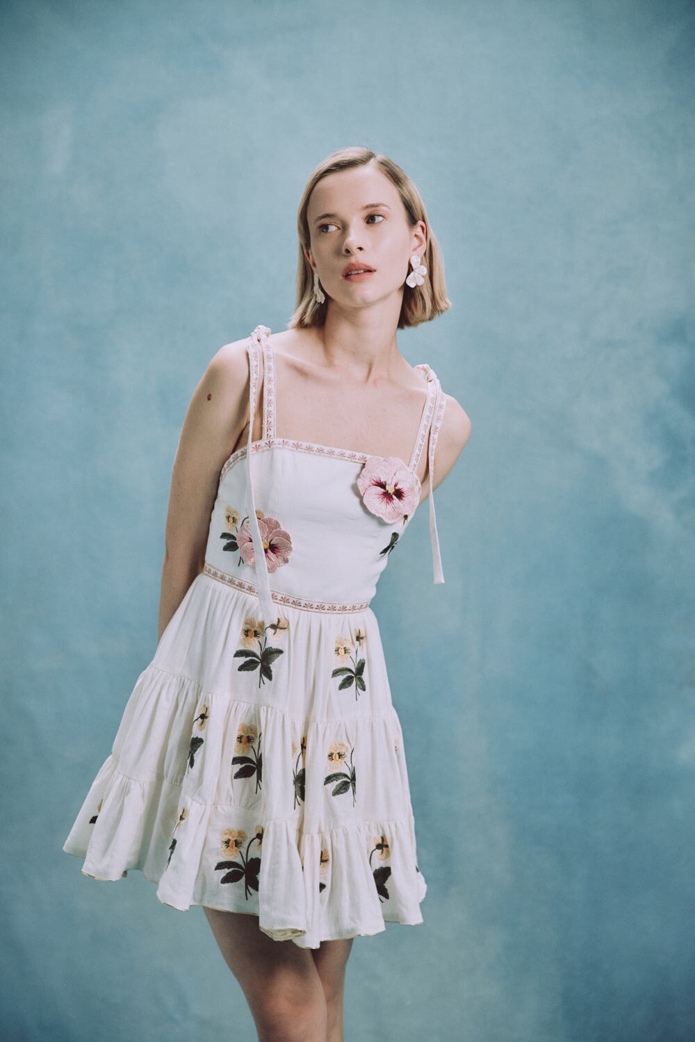 Tara Mini Dress - Pansy Embroidered Offwhite & Yellow Dresses - Formal Rosewater House