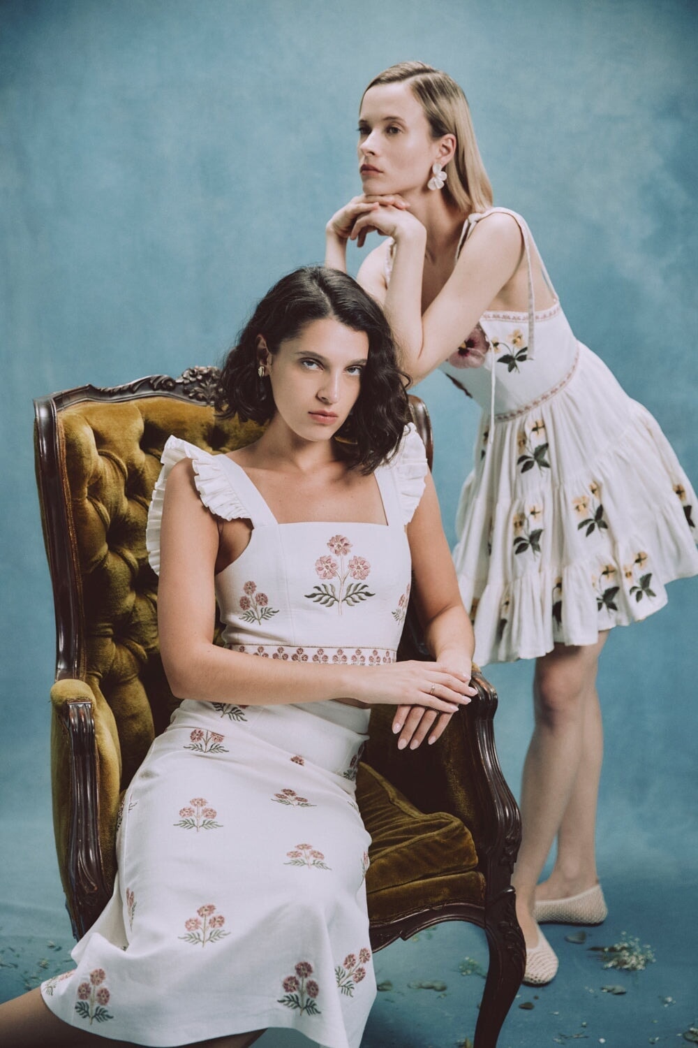 Tara Mini Dress - Pansy Embroidered Offwhite & Yellow Dresses - Formal Rosewater House