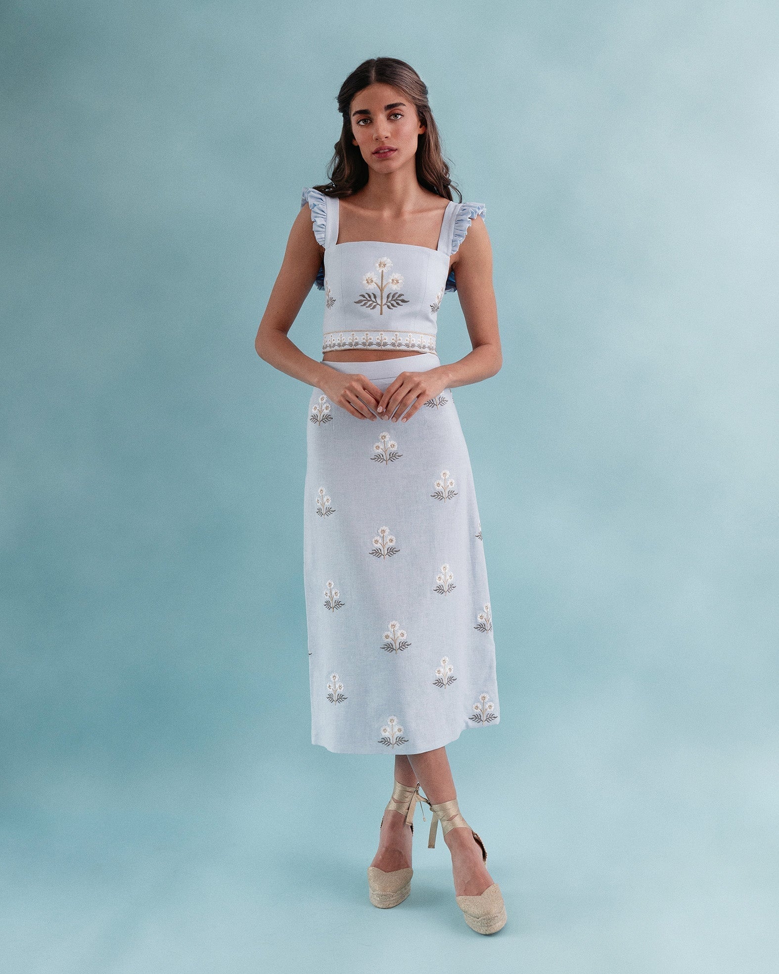 Yalda Skirt - Naz Embroidered Blue & White Bottoms - Skirts Rosewater House 