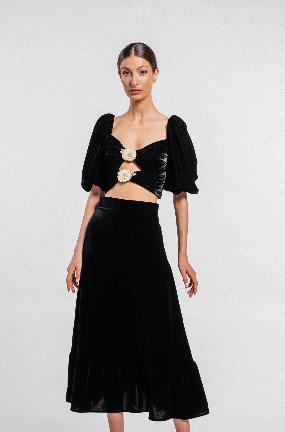 Mahtab Belted Velvet Skirt - Black Bottoms - Skirts Rosewater House