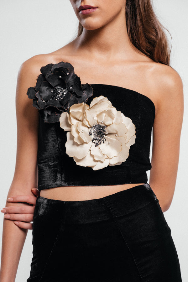 Persica Floral Bustier - Black & Ivory Tops - Bustier & Embroidered Rosewater House 