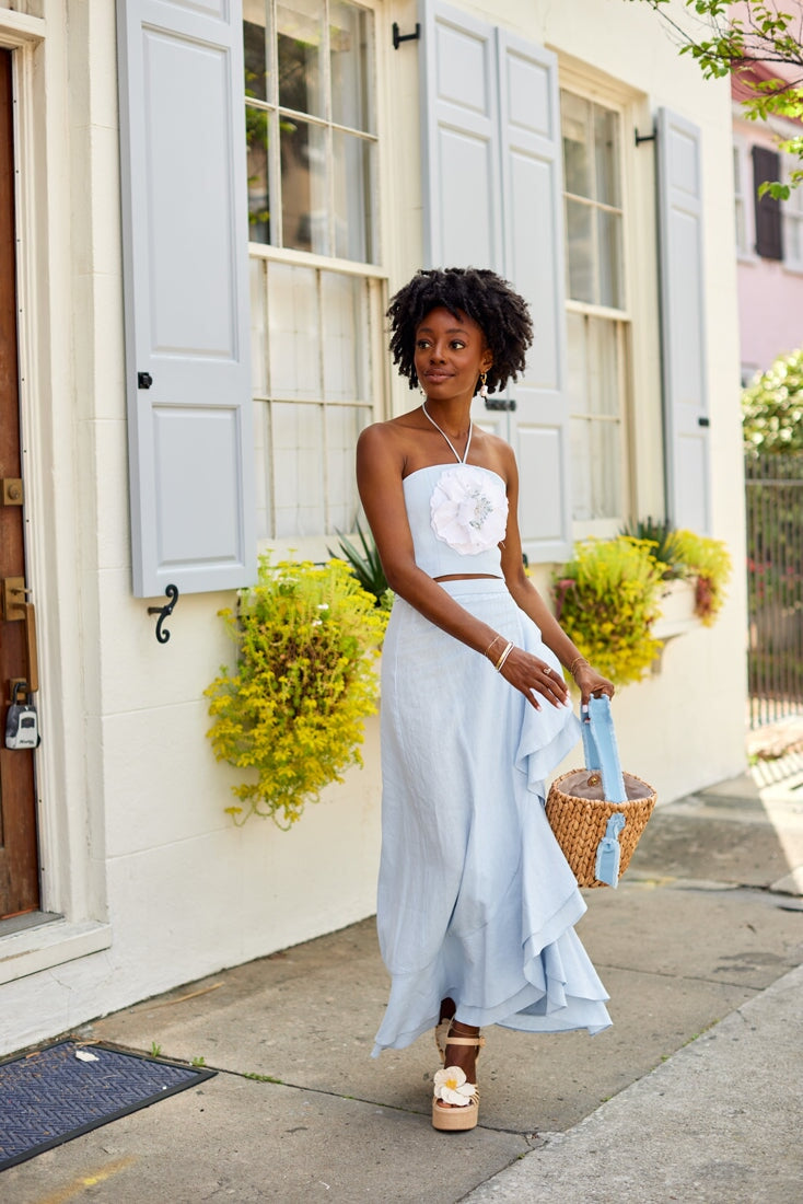 Gol Bustier Top - Blue & White Tops - Bustier & Embroidered OVER THE MOON