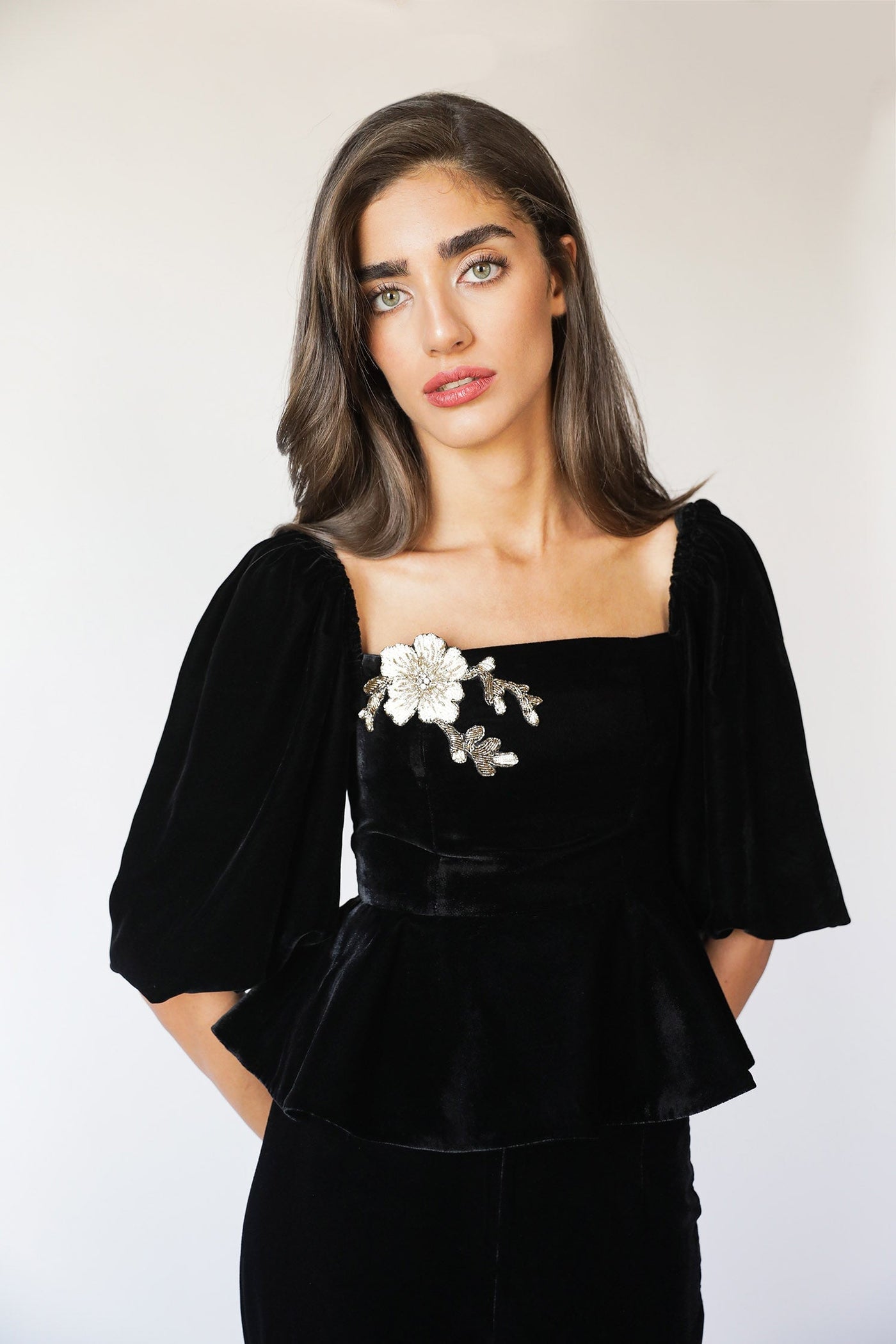 Celeste Peplum Top - Black | Rosewater House