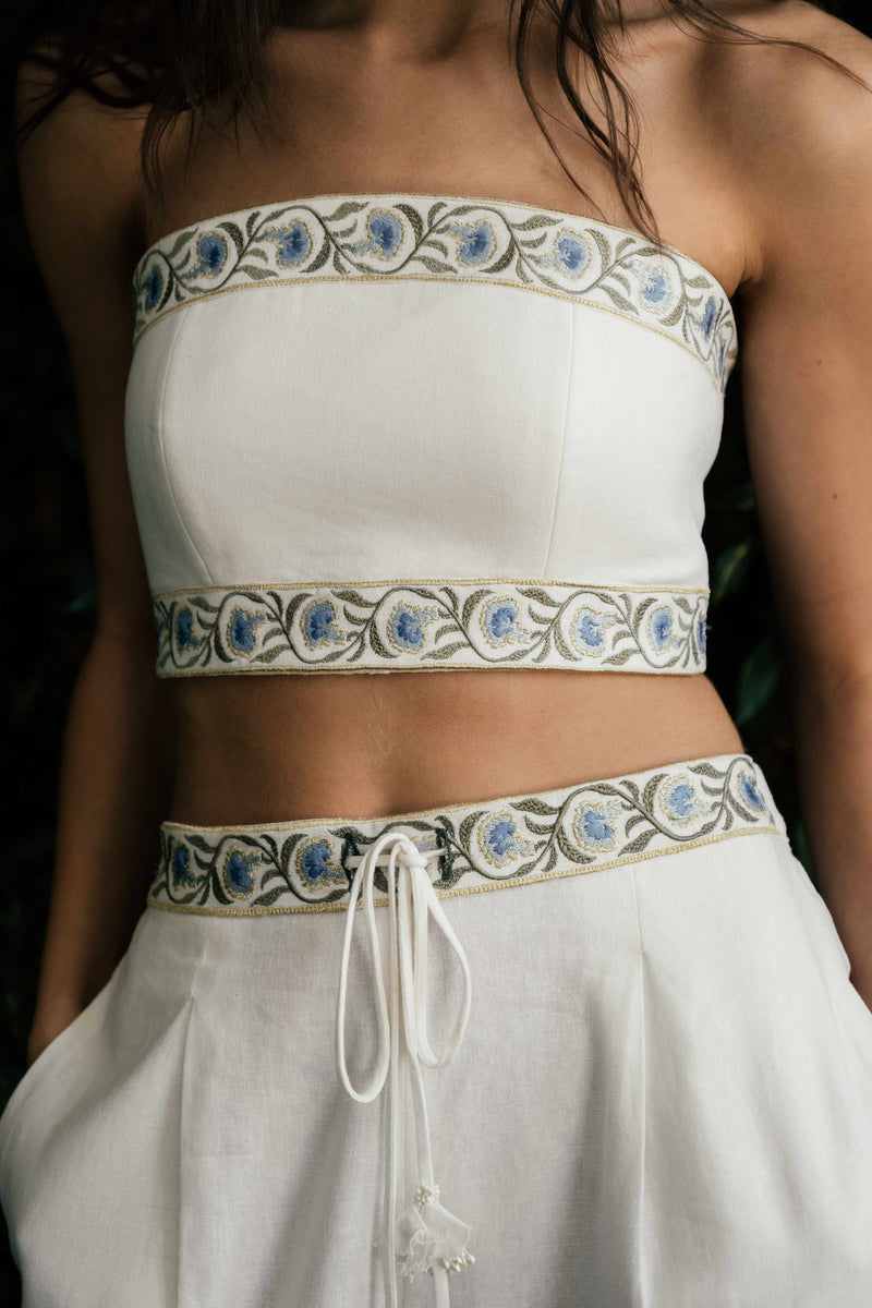 Carnation Crop Top - White & Blue Tops - Bustier & Embroidered OVER THE MOON 