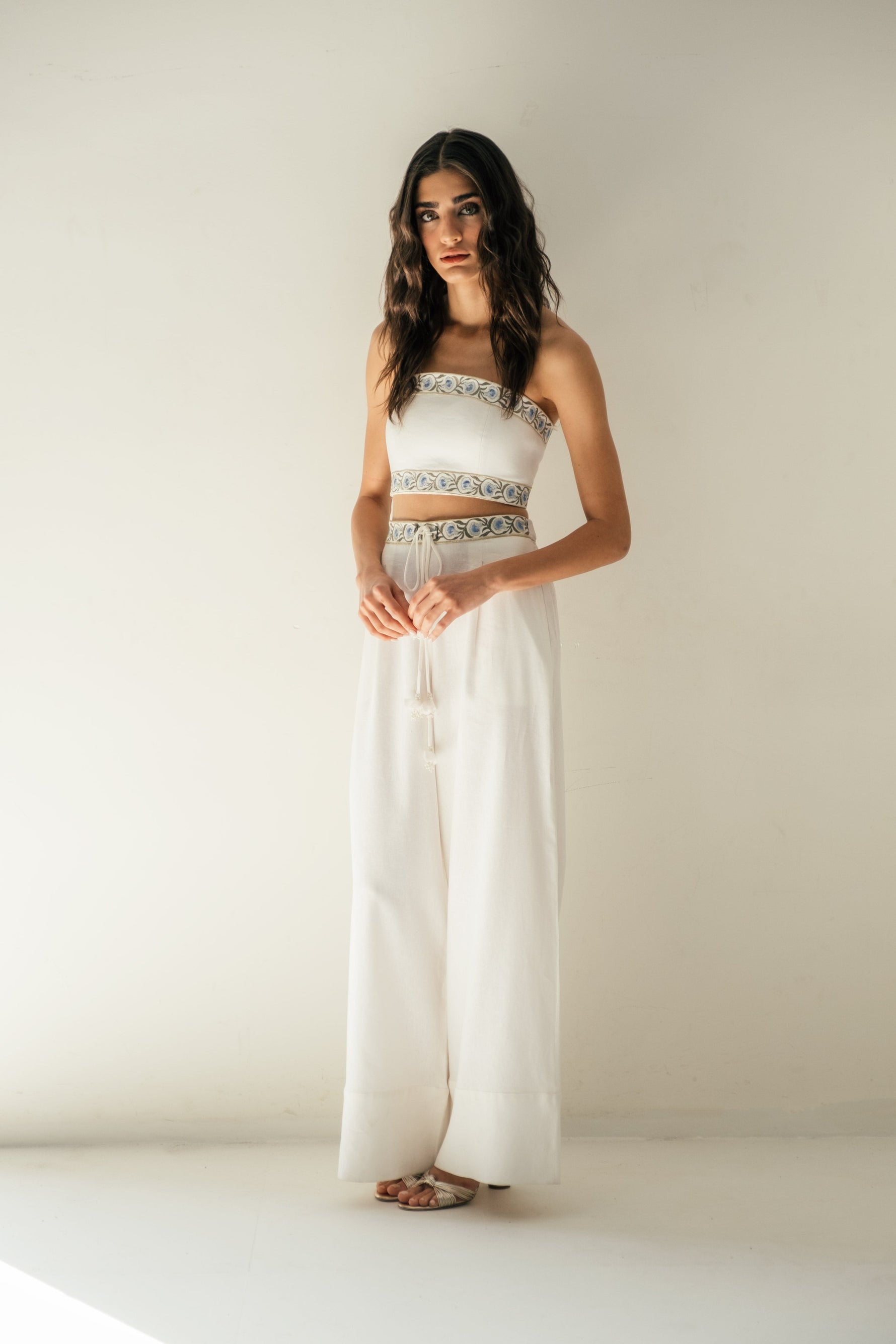 Carnation Crop Top - White & Blue Tops - Bustier & Embroidered OVER THE MOON