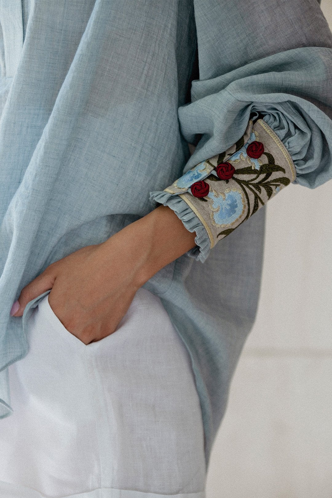 Carnation Blouse - Sky Blue & Red Blouses Rosewater House