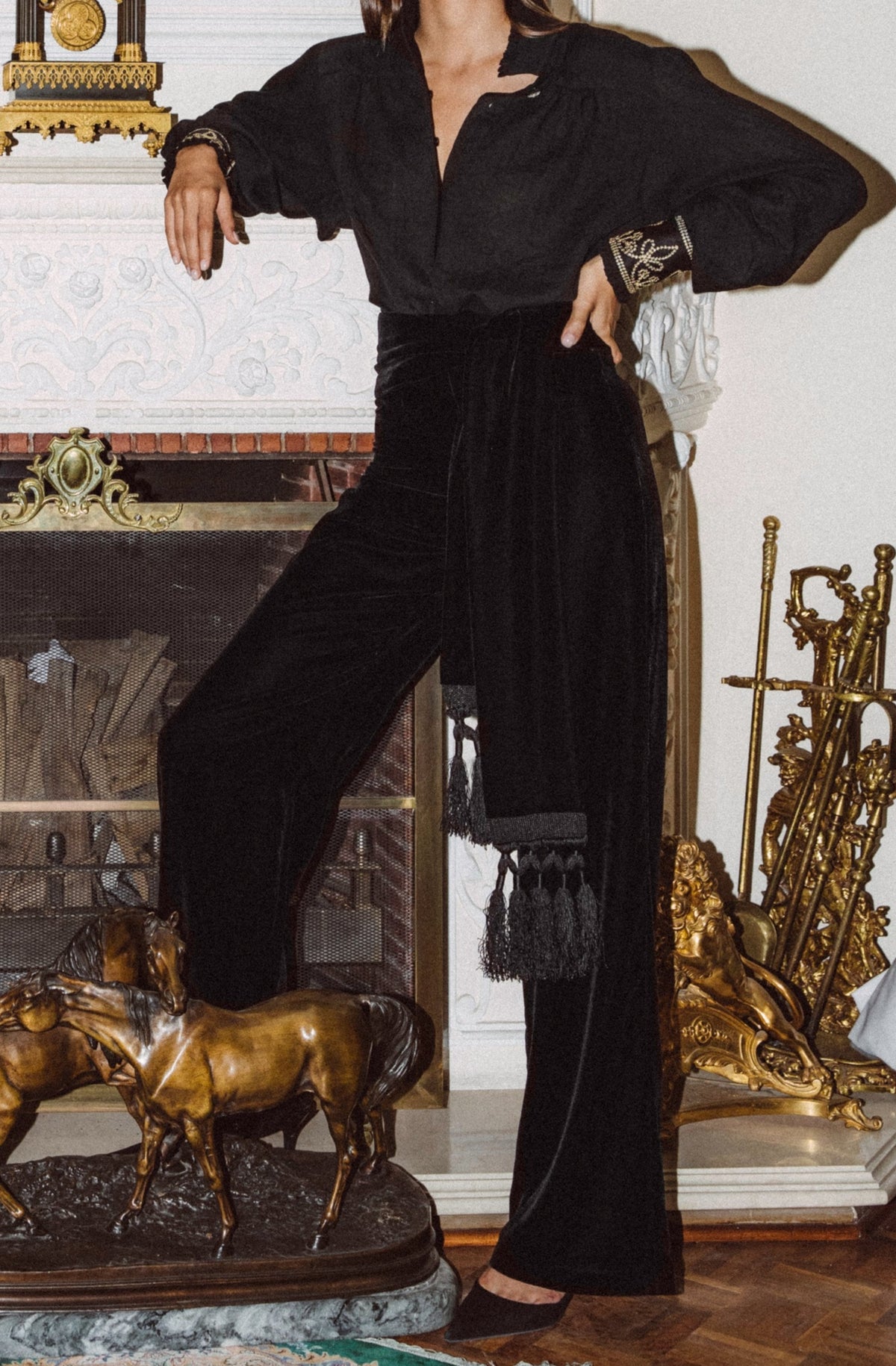 Mahtab Straight Leg Velvet Pants - Black Rosewater House