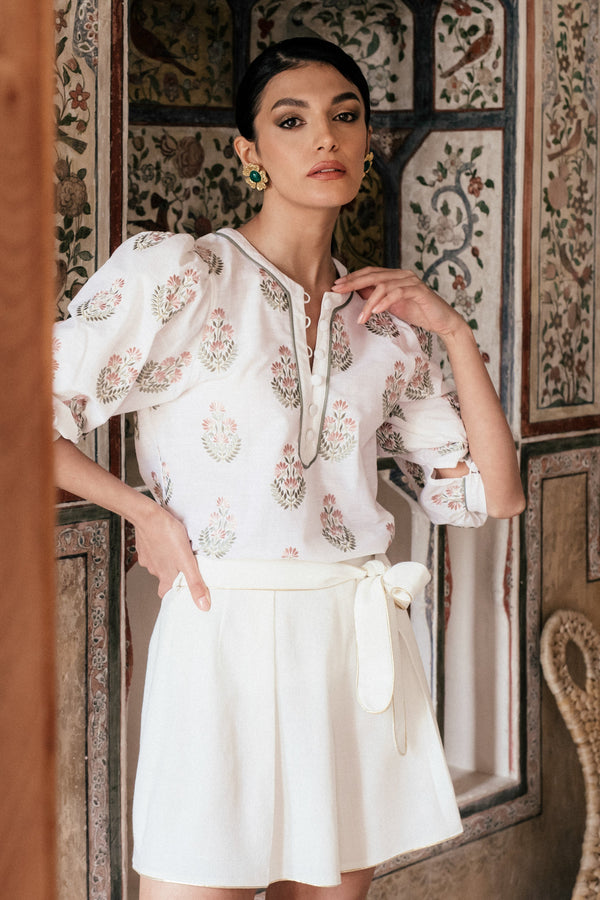 Bahar Blouse - White & Pink Tops-Blouse Rosewater House 
