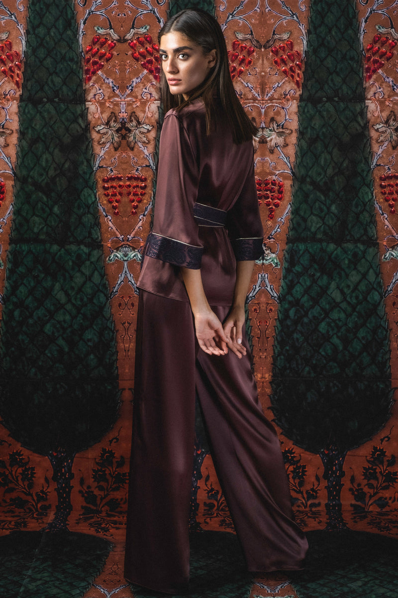 Silk Paisley Kimono Set - Brown Sets-Kimono Rosewater House 