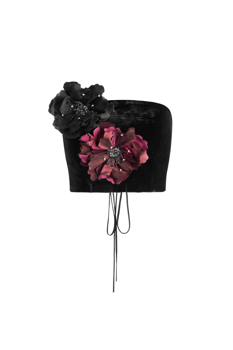 Persica Floral Bustier - Black & Burgundy Tops - Bustier & Embroidered Rosewater House 