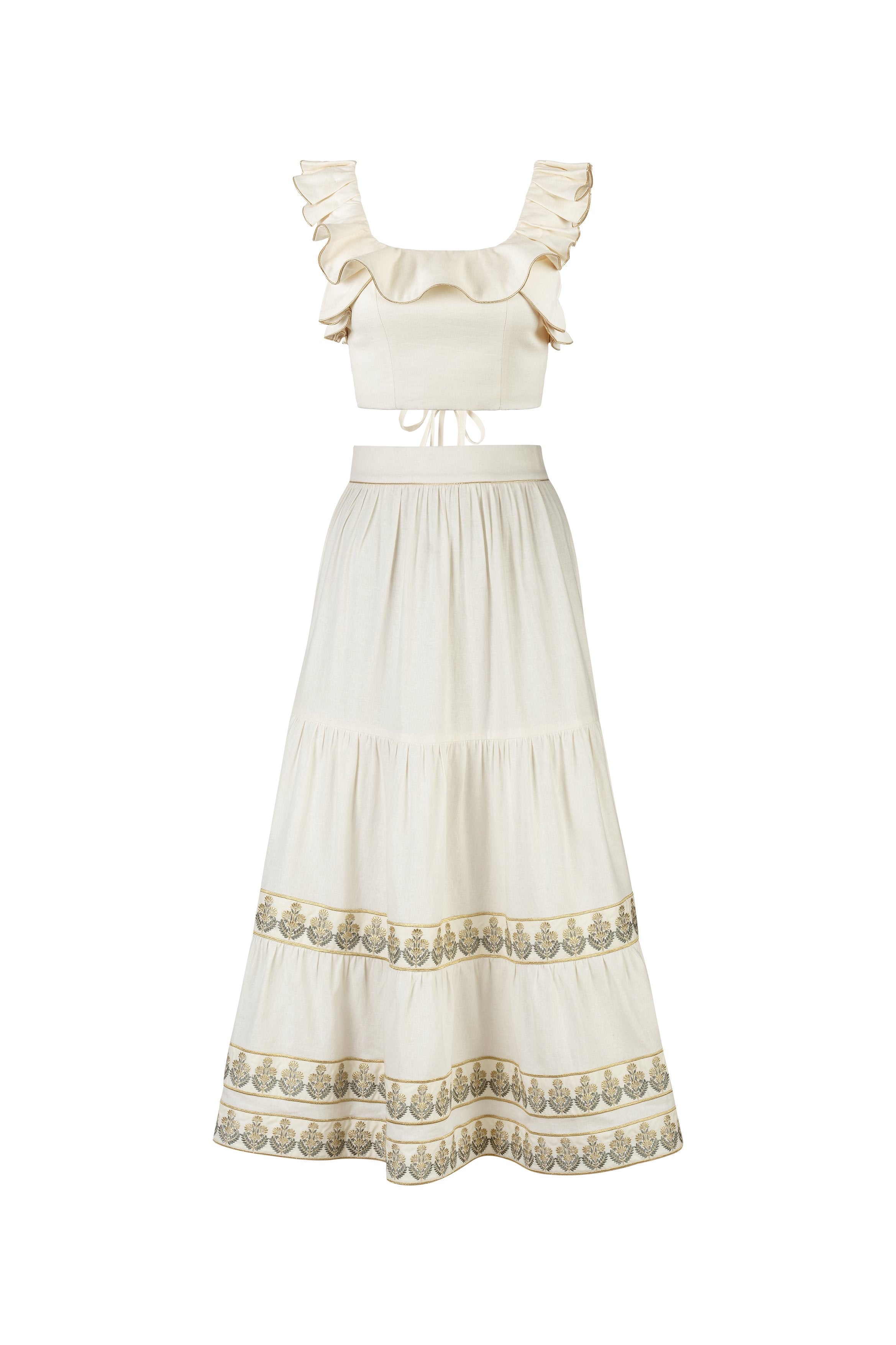 Parya Ruffle Skirt - Ivory & Green Rosewater House