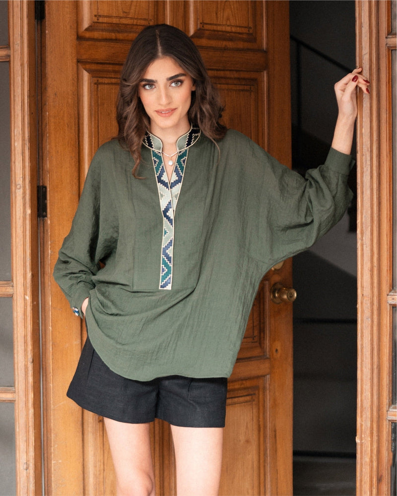 Gileva Blouse - Olive Tops-Blouse Rosewater House 