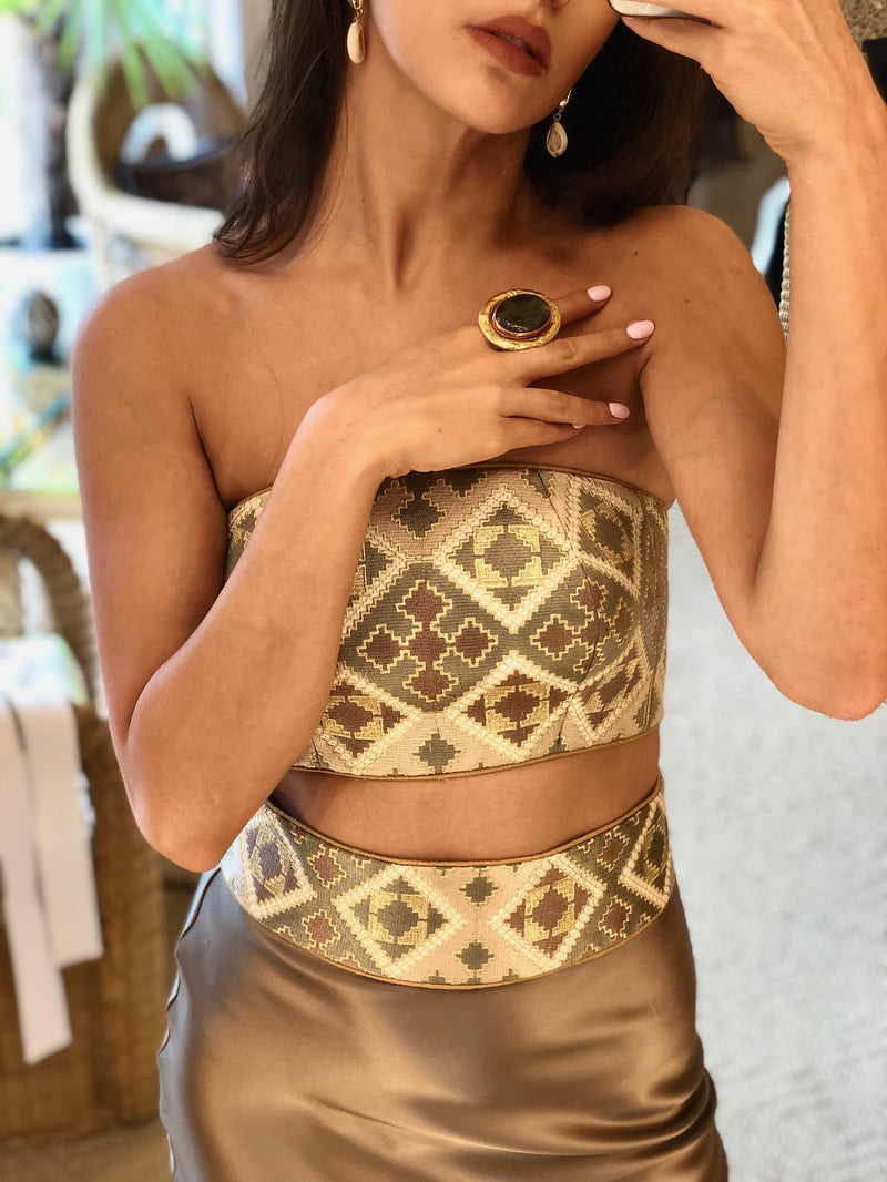 Jahan Bustier + Belt - Khaki Tops Rosewater House 